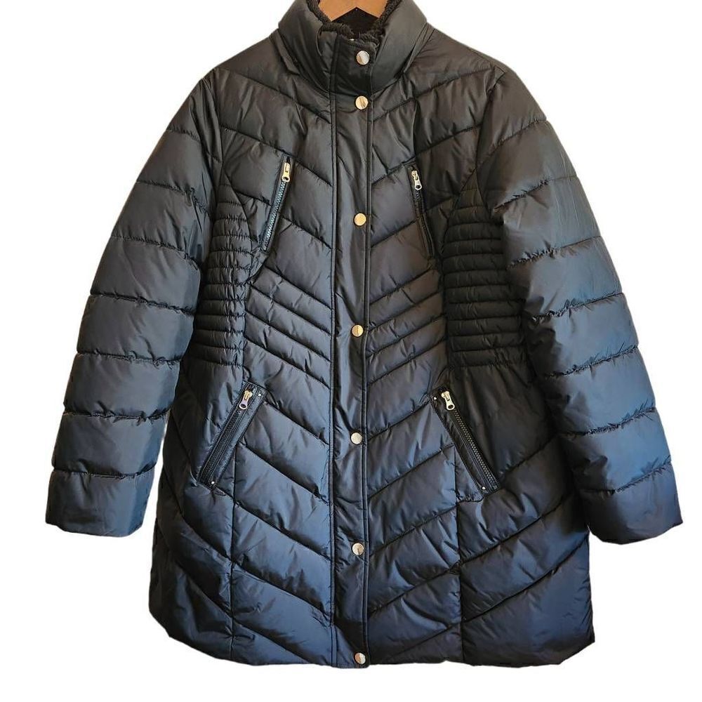 PRESTON and York Black Long Puffer Coat with Faux Fur Hood Plus Size 1X